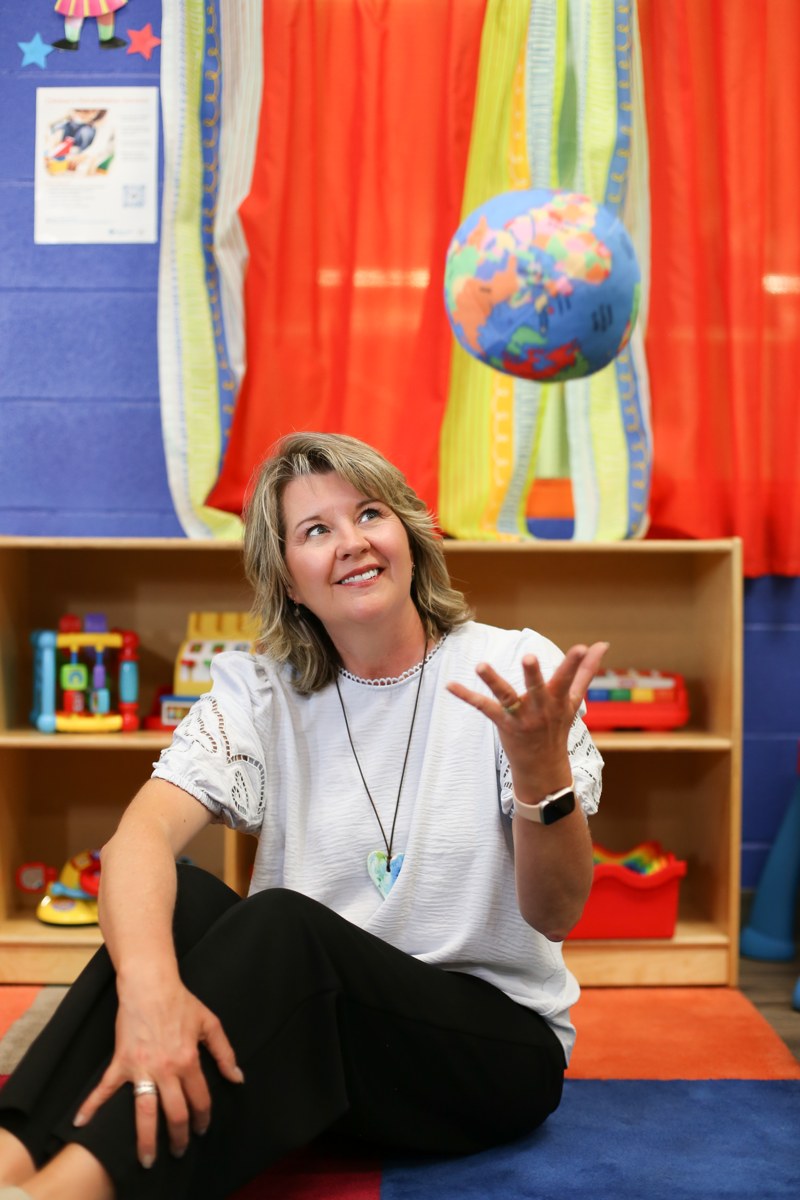 Joanne McMahon tossing a globe ball during a session